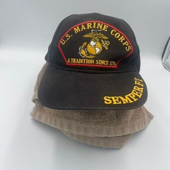 Vintage USMC Marine Corps Semper Fi Embroidered Patch Adjustable Cap Hat Black - Picture 1 of 4